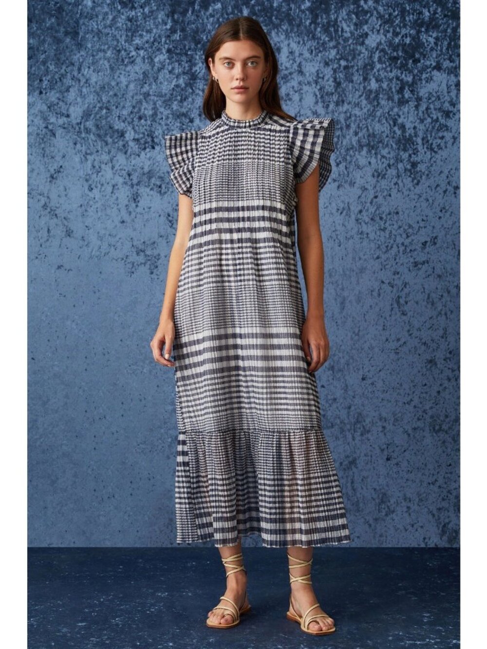 Marie Oliver Womens M Blue White Plaid Midi Dress Ruffle Sleeve Silk Blend Lined